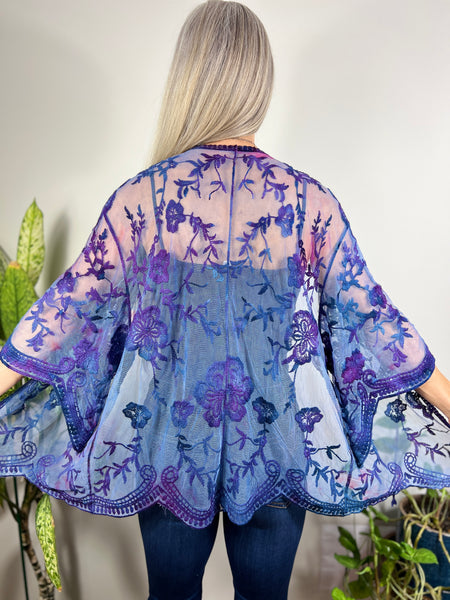 Embroidered dolman cardigan with ties