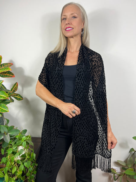 Animal print fringe scarf